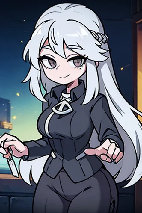 An older sister with long silver hair wearing a black down jacket、Lightless Eyes、Bitter smile、Large Breasts