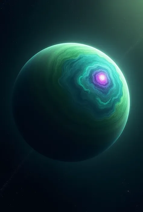 Create a planet like Saturn far from the Sun, very far from the Sun, half green, half blue and with a small purple circle in the center of the planet..