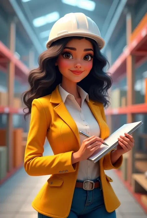 Disney and Pixar poster of a beautiful black Latina with dark eyes, medium curly black hair and a curvy body, posing smiling slightly, without showing teeth for the photo, without collar on the neck, dressed as an occupational health and safety engineer, w...