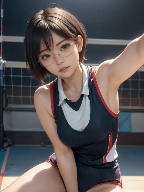 8k, RAW Photo Best Quality, masterpiece, Realistic, Realistic, (1 Ultimate Beauty), ((Cosplayer wearing a sleeveless volleyball uniform)),(Please make sure there is only one person in the photo)、(On the volleyball court)(Wear rimless glasses)((Please assum...