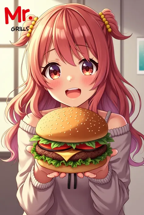 Beautiful anime girl holding burger with text "mr grills"