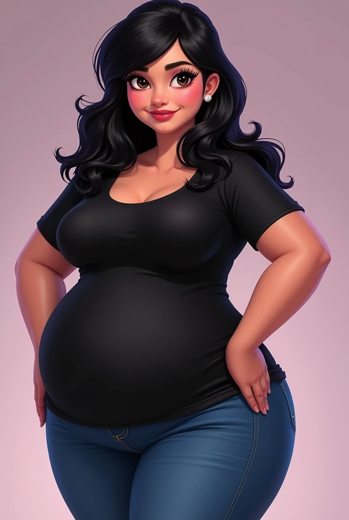 Make Vanellope from Wreck-It Ralph, but voluptuous , wide hips , with loose hair parted, with waves, black and long with subtle bangs. Big brown eyes, long eyelashes and rose-colored lips, and wide black t-shirt. full body,  jeans azul. 