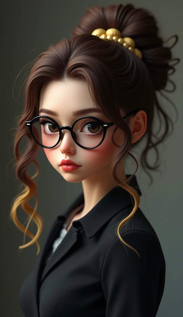 A serious girl , ,wearing round glasses wearing black formal wear , curly hair with blonde highlights at the ends , serious look , FULL LIPS , looking out of the corner of my eye ,Long hair, brown hair, 
hair with bun, drill hair, 3d rendering, 