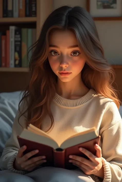 Realistic brunette girl reading a book in her room 