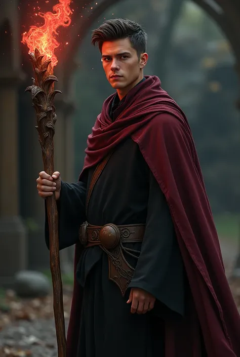 A white young man, wearing a wine-coloured cloth, holding a gandalf’s wooden staff, with red flames sparking  at the tip, with a black militar hair style, realistic image