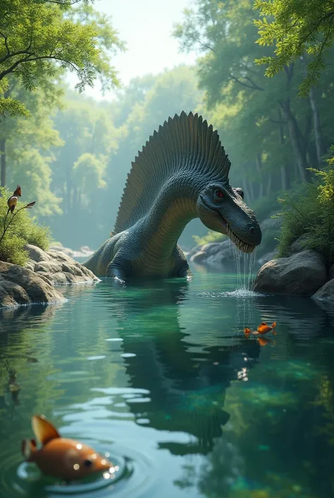 A majestic Spinosaurus partially submerged in a clear, calm river, Surrounded by dense vegetation with leafy trees and aquatic plants. the dinosaur, known for his love of water, is tilting its huge head towards the surface, collecting plastics and floating...