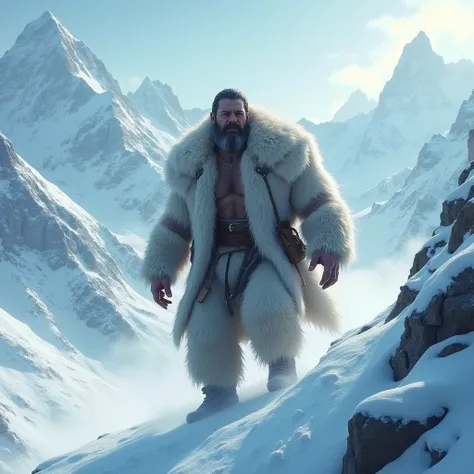 a tall strong man with a beard and mustache, body covered in wolf fur, descending down snowy mountains, cinematic photography, best quality, 4k, 8k, highres, masterpiece:1.2, ultra-detailed, realistic, photorealistic, photo-realistic:1.37, HDR, UHD, studio...