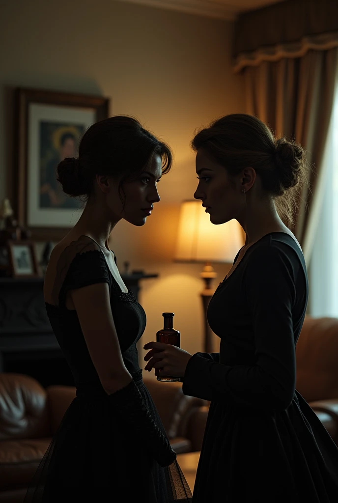 women talking in a corner of their house with poison in a bottle 