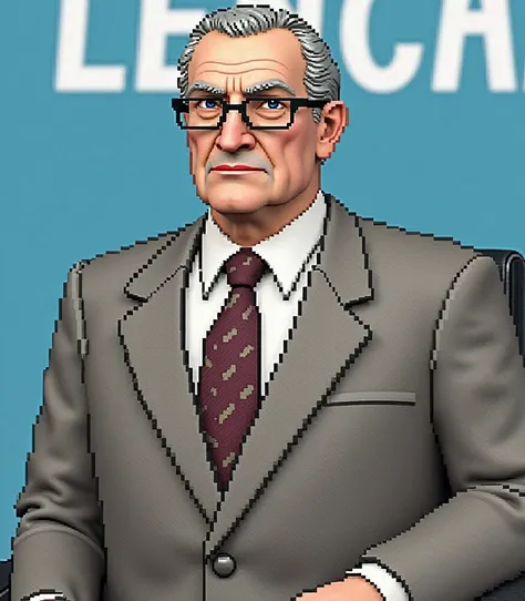 Create a 3D pixelated image, based on the attached photo, 
of a man in a suit. an elderly man, with hair combed back, with thick but well-trimmed eyebrows, with expression marks on his forehead and from his nose to his mouth, with a slightly square face, w...