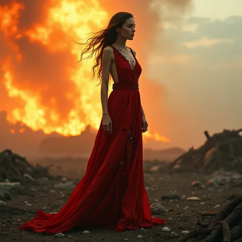 A dramatic, full-body shot of a statuesque woman standing defiantly in a ravaged, fiery landscape, her long, flowing red dress torn and tattered, its vibrant hue a stark contrast to the desolate background, as her body begins to shatter into a thousand bla...