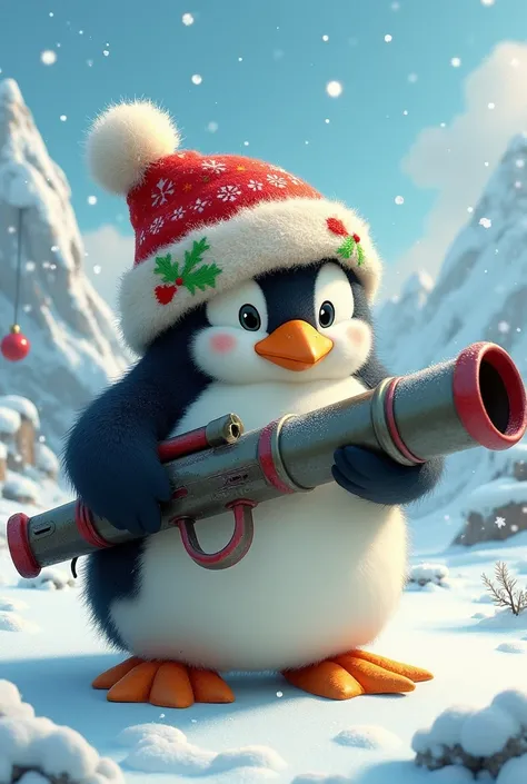 Penguin with a Christmas hat with a basuca