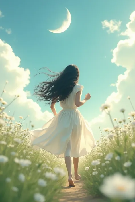 Girl with a beautiful body with big black hair in a pastel white dress running from a white flower plantation SOME, 
Yours has some white clouds with a bright blue moon blurry the photo is in the middle blurry with a soft flash the photo is in the afternoo...