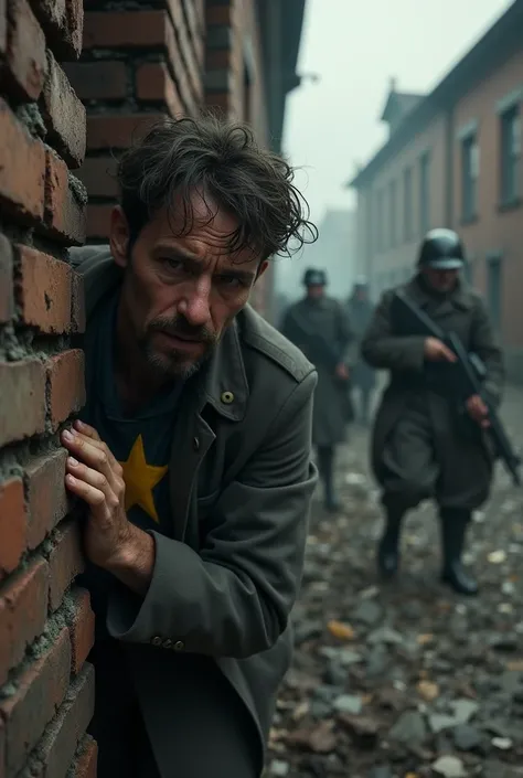 An image of a Jew hiding behind a wall with his clothes torn and a Star of David on his chest and some soldiers looking for him 