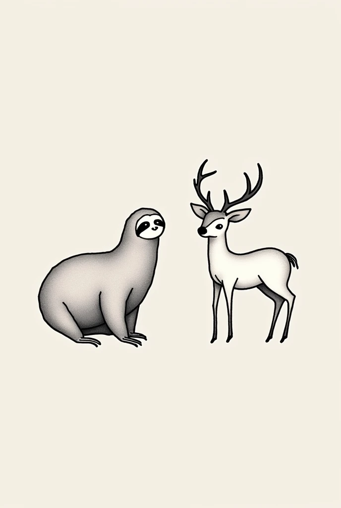 Get two small black and white tattoos, that complement each other to do in pairs with a friend, being two animals, one of them is a sloth and the other is a deer. And they have to be minimalists 