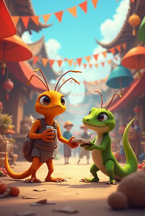 One day, a grand festival was being organized in the village. Everyone was getting ready for the celebration. The ant and the gecko decided to do something special for the festival. The ant used its expertise to set up large food stalls, and the gecko ente...