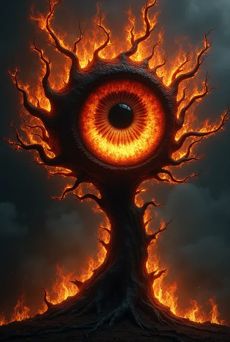 Eye shaped like a tree burning in black flames 