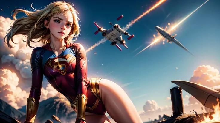 detailed face, Emma Watson dressed as Supergirl, blonde, Flying next to a burning passenger plane