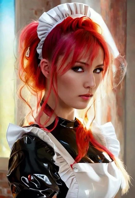 A beautiful young girl with large breasts wearing a latex maid uniform, long detailed hair in a half-up hairstyle, highly detailed, photorealistic, vibrant colors, sharp focus, studio lighting, elegant, graceful, cinematic composition
