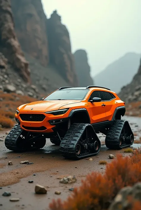 An orange futuristic jeep off-road car model , that instead of wheels has tracks