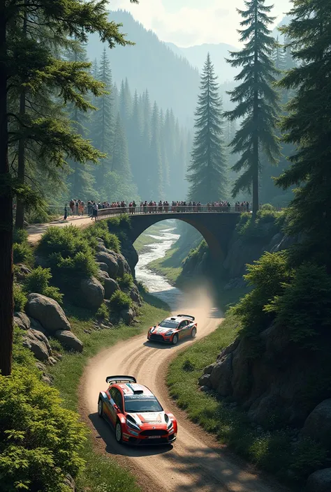 a rally track in a forest and a bridge over a river
