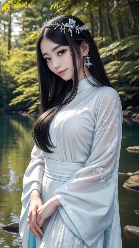 Beautiful ice girl、Smiling a little、My hair is made of ice、Delicate detailed face、Beautiful detailed eyes、Beautiful detailed lips、Long eyelashes、Pale skin、Long black hair、Graceful posture、White kimono、Lake in the forest、Soft lighting、The chest is visible