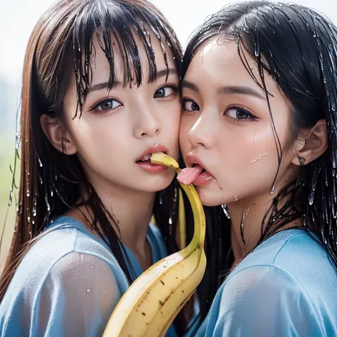 2 beautiful NOGIZAKA GIRLS, detailed portrait with extremely detailed features, (wet open lips licking and deep sucking Hard a banana:1.6), dynamic and joyful expressions LifeLike Rendering, professional photorealistic hyperdetailed (TopQuality 8k masterpi...