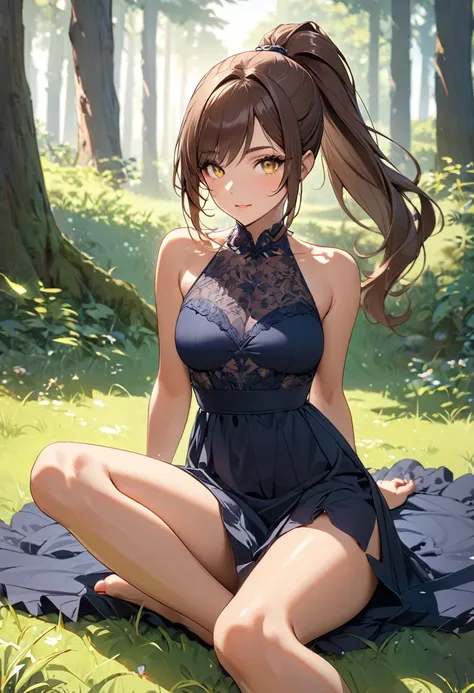 ((Best quality)), ((Masterpiece)), (details), Young woman, (Medium chest, Brown hair, Yellow eyes, ((Ponytail)) , Handsome face, (Tanned:1.3),Long eyelashes,Thick eyelashes),  milf,Diffuse light, sexy, Elegant, ดวงตาที่มีdetailsสวยงาม, Barefoot, dress, sit...