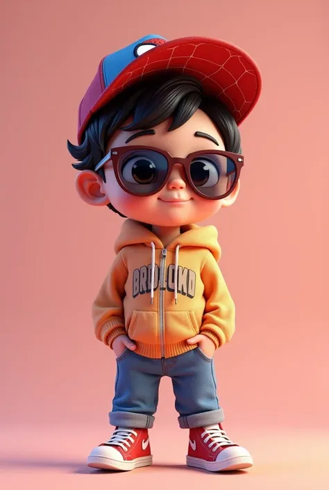 3d cartoon boy in aesthetic clothes, Spiderman cap and sweatshirt and sunglasses