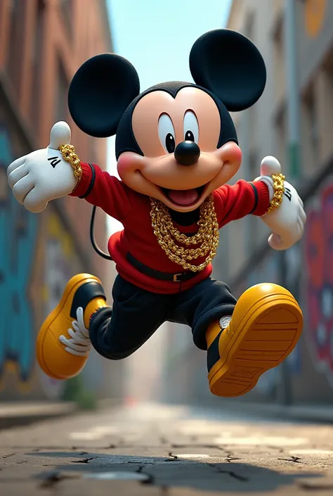 mickey mouse with sportswear, gold chains, urban style, in action, action movement, jumping, 
