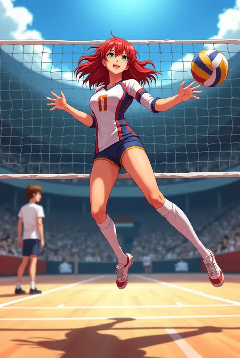 Wavy redhead girl, green eyes, dark complexion, Short and wearing volleyball clothes playing volleyball while coach watches her, anime