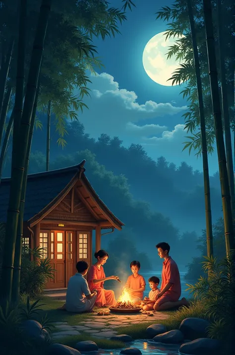 A bright Mid-Autumn moon, a small thatched house in the countryside, a small bridge on the ground next to the flowing water, a family having a barbecue in the bamboo forest 4ＫPhotoshoot