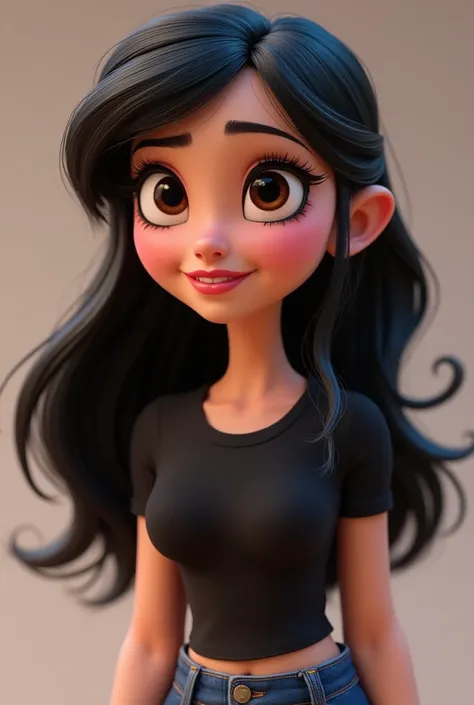 Make Vanellope from Wreck-It Ralph, voluptuous and wide-hipped , with hair down, black and long. Big brown eyes and long eyelashes and pink lips, and black t-shirt and blue jeans. light skin