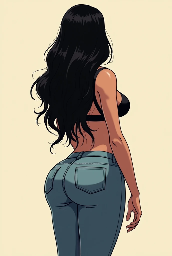 Carton girl with a big ass long black hair giant thighs skinny waist big boobs wears tight jeans and a crop top picture from behind