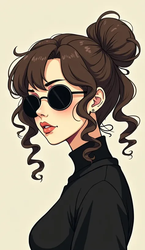 A serious girl , ,using mirrored glasses, curly hair , serious look , FULL LIPS , looking out of the corner of my eye ,Long hair, brown hair, 
hair with bun, drill hair, minimalism, 
Noir styleIllustration, anime style, 