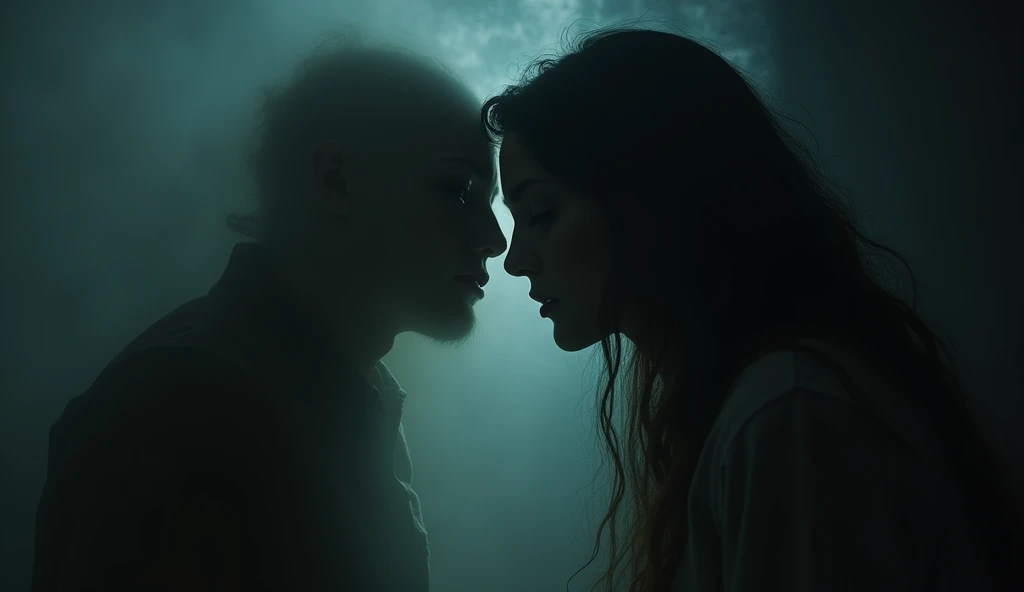 A hazy figure whispering into a persons ear, with elongated eyes, while the person appears to be in deep thought. The scene is shrouded in darkness, except for the dim light that illuminates the persons face.