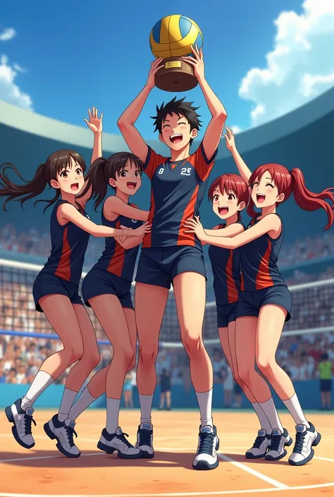 Volleyball team celebrating their cup win, anime