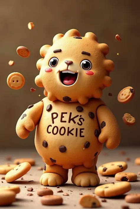 Cookie company logo with letters "Peki&#39;s cookies" Pepe&#39;s made of cookies with pieces separating 