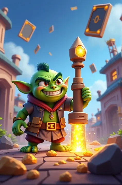 The image shows a Goblin Drill., which sparkles against the bright background of the Clash Royale arena. A goblin stands next to a drill, with a greedy grin on his face, ready for the next catch. Crystals and gold are scattered around it., which emphasize ...