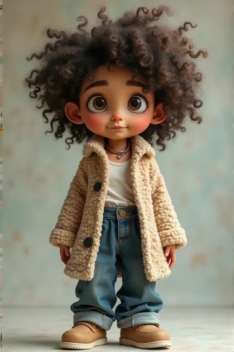 One with curly hair and curly eyes. Clothes: big jeans with a big coat.