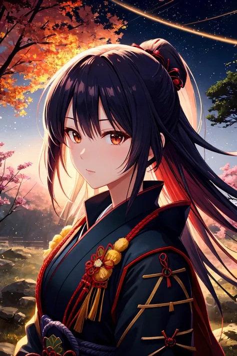 (highest quality). (close up shot:1.5),sexy woman japanese samurai warrior, Forest clearing at the bottom of the night, (darkness), Moonlight, bokeh, Beautiful composition, complementary colors, masterpiece, Award-winning,anime, anime wallpaper