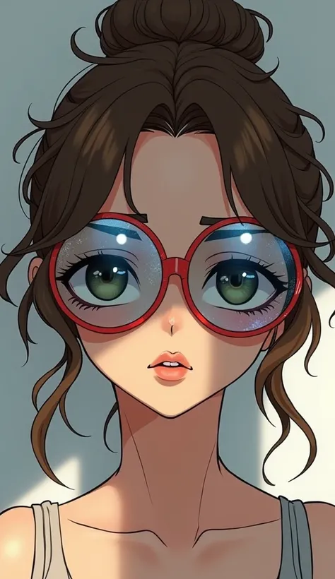 A serious girl , ,using mirrored glasses, curly hair , serious look , FULL LIPS , looking out of the corner of my eye ,Long hair, brown hair, 
hair with bun, drill hair, minimalism, 
anime, diversity, 