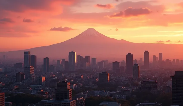 A panoramic view of Yerevan at sunset, with Mount Ararat towering majestically in the background. The modern cityscape blends seamlessly with ancient ruins and historic buildings. The sky is painted in hues of orange and pink, creating a serene yet powerfu...