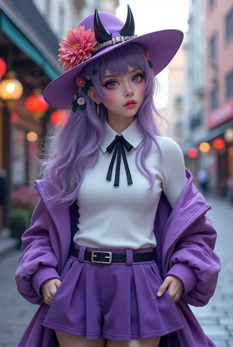 masterpiece, Best Quality, High resolution, Himsul 1, Horned hat, hair flower, x Hair accessories, White sweater, Purple Jacket, flower, Long sleeve, Open clothes, Black Ribbon, Sleeves past the wrist, skirt, lulu_v10:0.7>, Cowboy Shot, Outdoor, street, St...