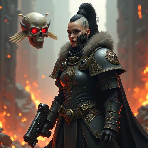 Warhammer 40k. Sister of Silence of the Warhammer 40,000 universe stand in the ruins of the city, Close-up of a woman holding an energy pistol, The head is completely shaved, the hair on the top of the head is gathered in a large high tail, the lower part ...