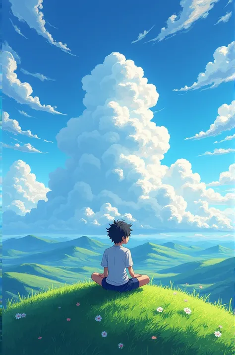 Make me an illustration, in pixel and anime style, in 4k quality of a  sitting on top of a mountain, on top of the grass, looking at the beautiful clouds, thinking about his life, longing for very beautiful colors