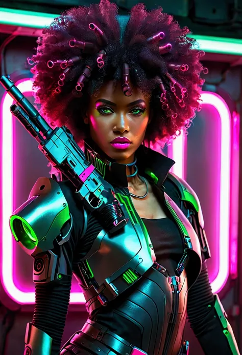 A woman with cyberpunk-style afro hair, with cybernetic implants. Sensual clothes. Carrying a futuristic gun with neon pink and green details.