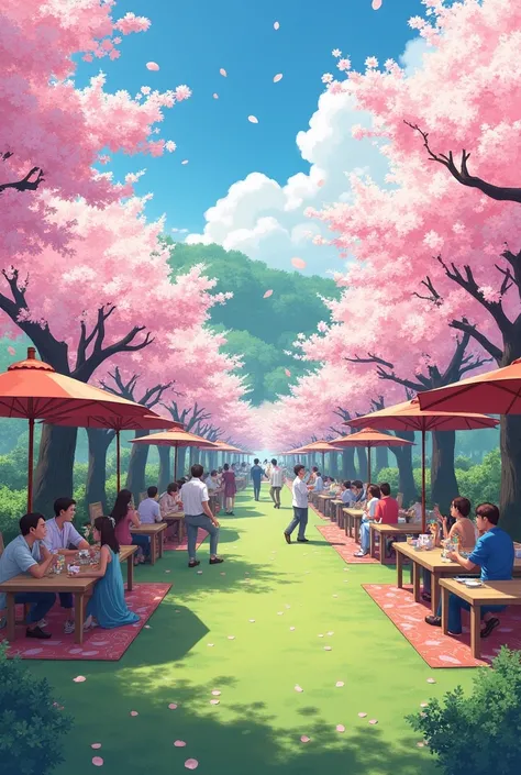 An outdoor party with trees in bloom and people enjoying the scenery.
With the serezo trees of Japan 