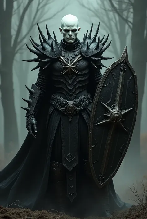 pale skinned, hairless warrior, wearing black armor with spikes. Using a half-body shield. hellraiser cenobite style.
