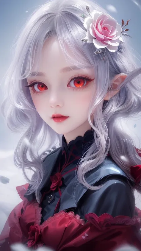 1 girl, vampire, red eyes, wavy silver hair, pointy ears, detailed facial features, beautiful detailed eyes, beautiful detailed lips, extremely detailed face, long eyelashes, dress, necklace, hair flower, snow, ice, full body shot, with far up, center fram...