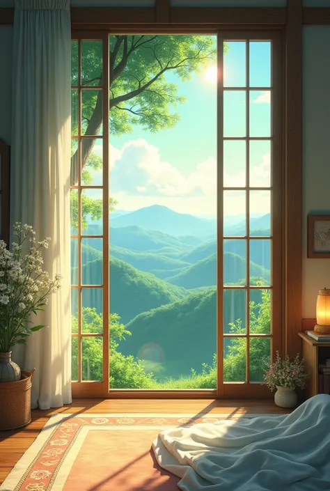 Hey I want to create a faceless Ghibli aesthetic wallpaper with a window and beautiful view and can have a room, light. There should be no faces or living beings. 